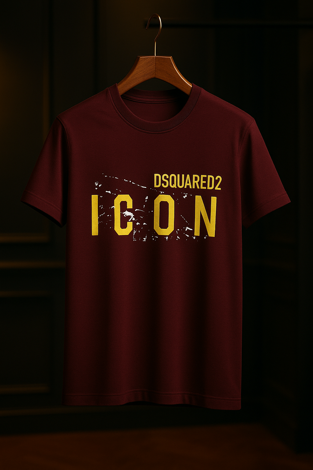 Men’s Dsquared2 Style “ICON” T-Shirt – Maroon & Yellow (Premium Cotton)
