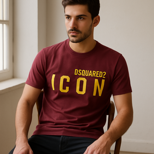 Men’s Dsquared2 Style “ICON” T-Shirt – Maroon & Yellow (Premium Cotton)